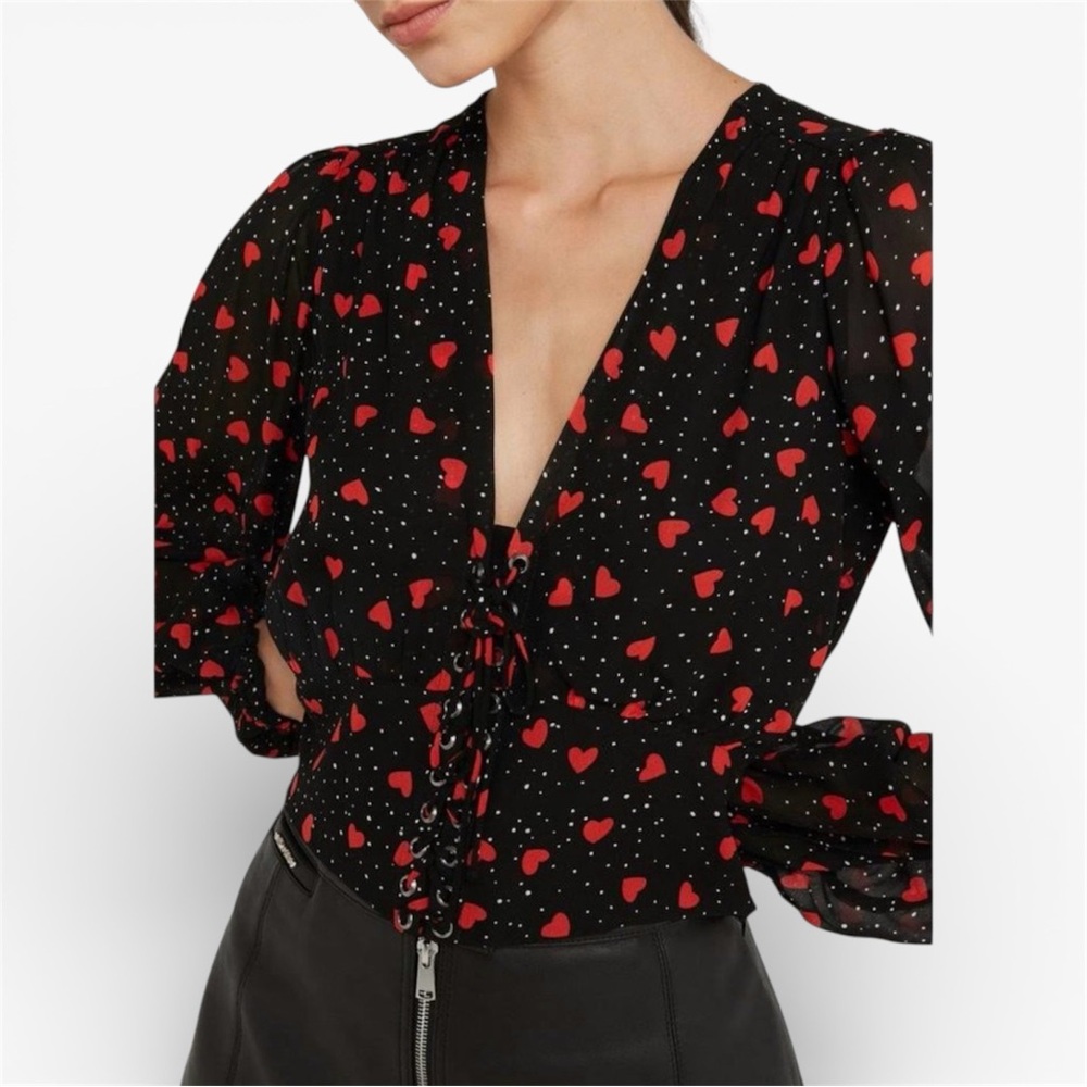 The Kooples Black Blouse with Red Heart Pattern